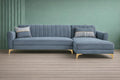 Adorn India Premium Luster 8 Seater L Shape Sofa Set with 2 Puffy & 1 Center Table | Velvet Suede Fabric | 3-Year Warranty | RHS | Grey with Golden Legs & Striped Pattern Cushion