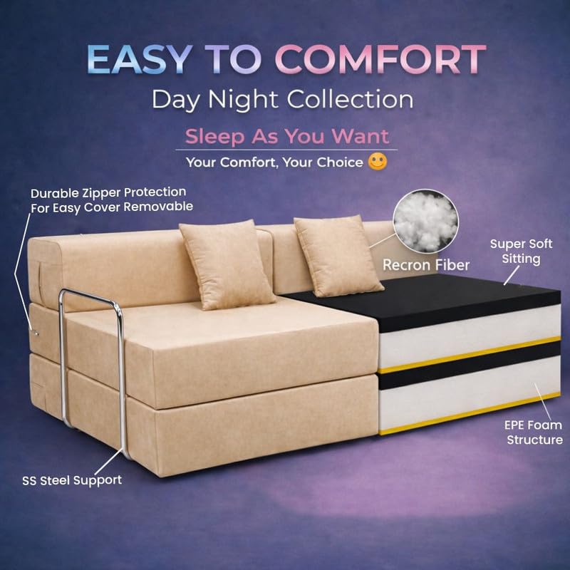 Adorn India Easy Premium Modular 4 Seater Sofa Cum Bed | Velvet Suede Fabric | Colour Beige | Modern Design | Size 6x6 Fit | Comfortable for Seat & Sleep | Washable Cover | Perfect for Home & Office
