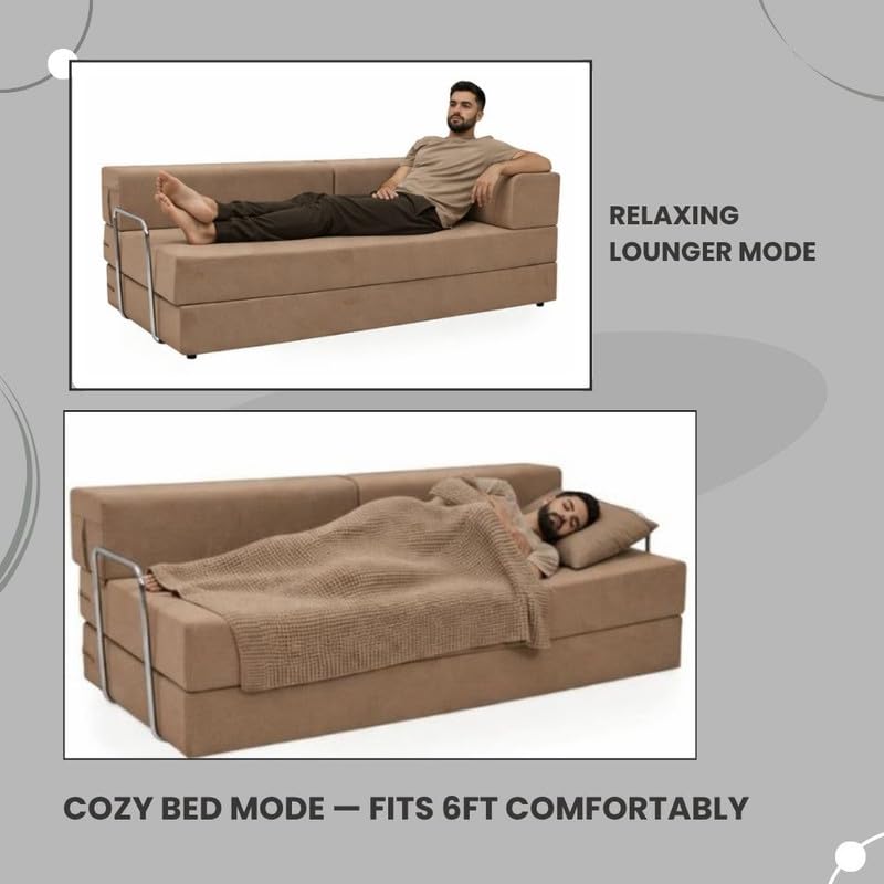 Adorn India Easy Premium Modular 4 Seater Sofa Cum Bed | Velvet Suede Fabric | Colour Camel | Modern Design | Size 6x6 Fit | Comfortable for Seat & Sleep | Washable Cover | Perfect for Home & Office