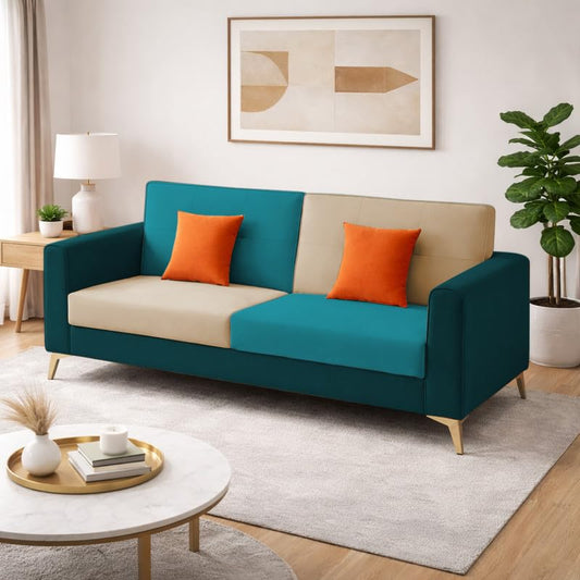 Adorn India Premium Harlem 3 Seater Sofa | Velvet Suede Upholstery | 3-Year Warranty | Ocean Blue, Aqua Blue & Beige with Gold Legs & Cushion