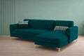 Adorn India Premium Luster 6 Seater L Shape Sofa Set | Velvet Suede Fabric | 3-Year Warranty | RHS |Color Ocean Blue with Golden Legs & Striped Pattern Cushion