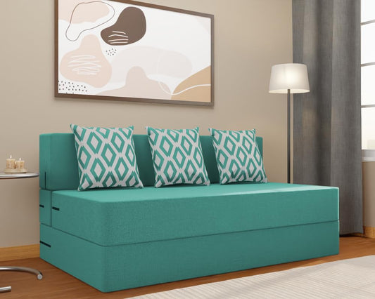 Adorn India Easy 3 Seater Sofa Cum Bed (Rhombus Pattern) Size 5' X 6' Ft (Aqua Blue Color) Perfect for Home & Office for Guests (1 Year Warranty)