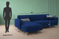 Adorn India Premium Luster 8 Seater L Shape Sofa Set with 2 Puffy & 1 Center Table | Velvet Suede Fabric | 3-Year Warranty | LHS | Blue with Golden Legs & Striped Pattern Cushion