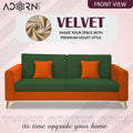 Adorn India Premium Harlem 3 Seater Sofa | Velvet Suede Upholstery | 3-Year Warranty | Orange & Dark Green with Gold Legs & Cushion