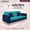 Adorn India Premium Harlem 3 Seater Sofa | Velvet Suede Upholstery | 3-Year Warranty | Dark Blue & Aqua Blue with Gold Legs & Cushion