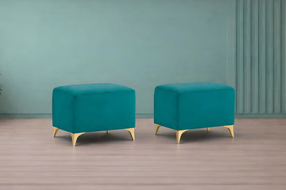 Adorn India Premium Luster 8 Seater L Shape Sofa Set with 2 Puffy & 1 Center Table | Velvet Suede Fabric | 3-Year Warranty | LHS | Aqua Blue with Golden Legs & Striped Pattern Cushion