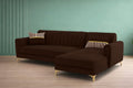 Adorn India Premium Luster 6 Seater L Shape Sofa Set | Velvet Suede Fabric | 3-Year Warranty | RHS |Color Brown with Golden Legs & Striped Pattern Cushion