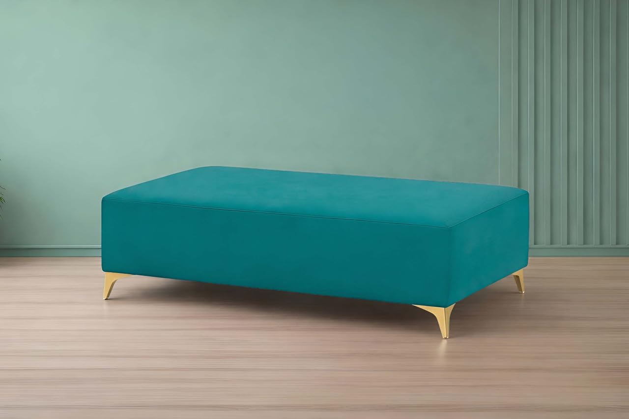 Adorn India Premium Luster 8 Seater L Shape Sofa Set with 2 Puffy & 1 Center Table | Velvet Suede Fabric | 3-Year Warranty | LHS | Aqua Blue with Golden Legs & Striped Pattern Cushion