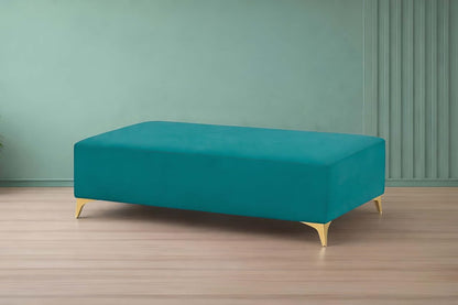 Adorn India Premium Luster 8 Seater L Shape Sofa Set with 2 Puffy & 1 Center Table | Velvet Suede Fabric | 3-Year Warranty | LHS | Aqua Blue with Golden Legs & Striped Pattern Cushion