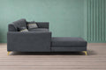 Adorn India Premium Luster 8 Seater L Shape Sofa Set with 2 Puffy & 1 Center Table | Velvet Suede Fabric | 3-Year Warranty | LHS | Dark Grey with Golden Legs & Striped Pattern Cushion