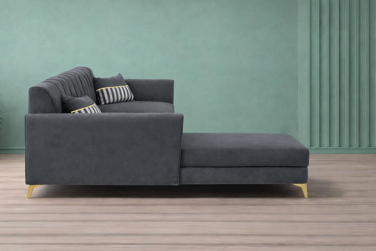Adorn India Premium Luster 8 Seater L Shape Sofa Set with 2 Puffy & 1 Center Table | Velvet Suede Fabric | 3-Year Warranty | LHS | Dark Grey with Golden Legs & Striped Pattern Cushion