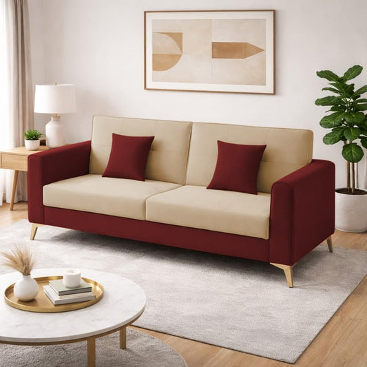 Adorn India Premium Harlem 3 Seater Sofa | Velvet Suede Upholstery | 3-Year Warranty |Maroon & Beige with Gold Legs & Cushion