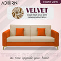 Adorn India Premium Harlem 3 Seater Sofa | Velvet Suede Upholstery | 3-Year Warranty | Beige & Orange with Gold Legs & Cushion