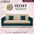Adorn India Premium Harlem 3 Seater Sofa | Velvet Suede Upholstery | 3-Year Warranty | Ocean Blue & Beige with Gold Legs & Cushion