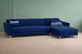 Adorn India Premium Luster 6 Seater L Shape Sofa Set | Velvet Suede Fabric | 3-Year Warranty | RHS |Color Blue with Golden Legs & Striped Pattern Cushion