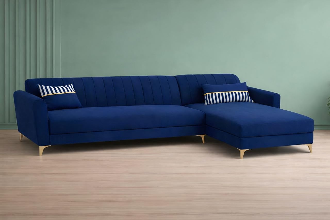 Adorn India Premium Luster 6 Seater L Shape Sofa Set | Velvet Suede Fabric | 3-Year Warranty | RHS |Color Blue with Golden Legs & Striped Pattern Cushion