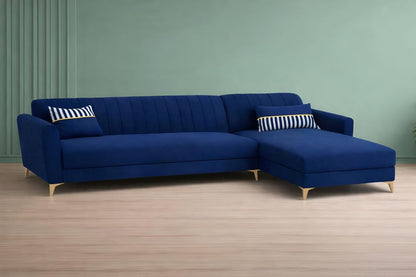 Adorn India Premium Luster 6 Seater L Shape Sofa Set | Velvet Suede Fabric | 3-Year Warranty | RHS |Color Blue with Golden Legs & Striped Pattern Cushion