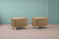 Adorn India Premium Luster 8 Seater L Shape Sofa Set with 2 Puffy & 1 Center Table | Velvet Suede Fabric | 3-Year Warranty | LHS | Camel with Golden Legs & Striped Pattern Cushion