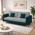 Adorn India Premium Harlem 3 Seater Sofa | Velvet Suede Upholstery | 3-Year Warranty | Ocean Blue & Grey with Gold Legs & Cushion