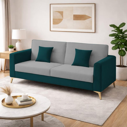 Adorn India Premium Harlem 3 Seater Sofa | Velvet Suede Upholstery | 3-Year Warranty | Ocean Blue & Grey with Gold Legs & Cushion