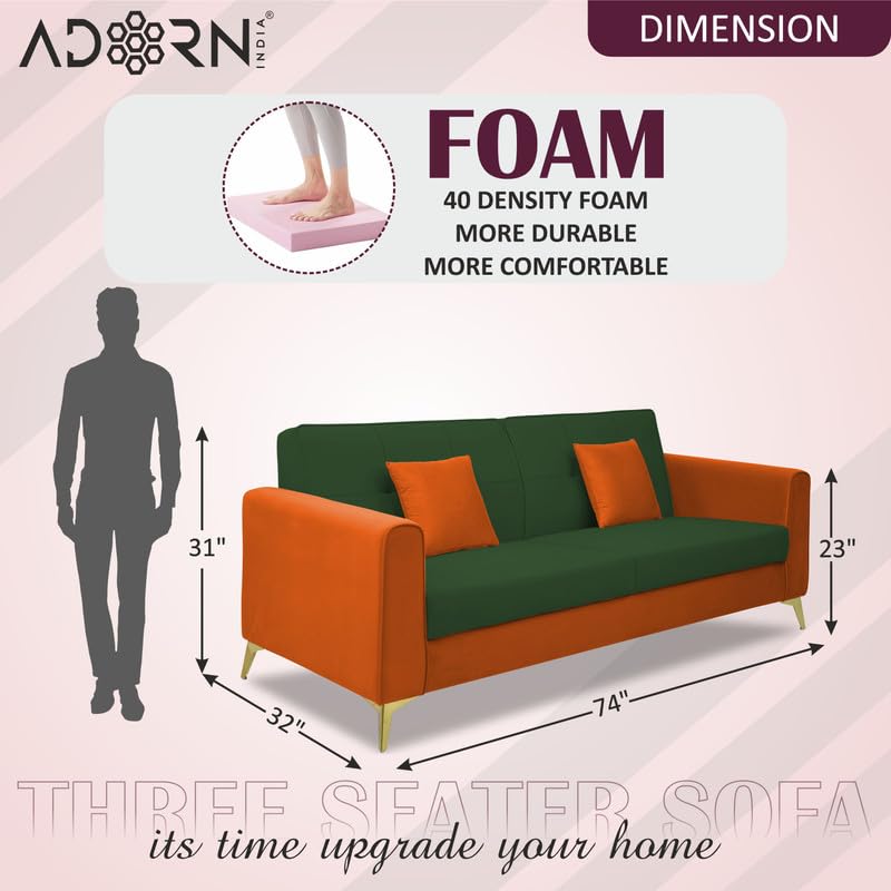 Adorn India Premium Harlem 3 Seater Sofa | Velvet Suede Upholstery | 3-Year Warranty | Orange & Dark Green with Gold Legs & Cushion