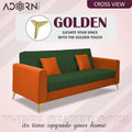 Adorn India Premium Harlem 3 Seater Sofa | Velvet Suede Upholstery | 3-Year Warranty | Orange & Dark Green with Gold Legs & Cushion
