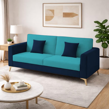 Adorn India Premium Harlem 3 Seater Sofa | Velvet Suede Upholstery | 3-Year Warranty | Dark Blue & Aqua Blue with Gold Legs & Cushion