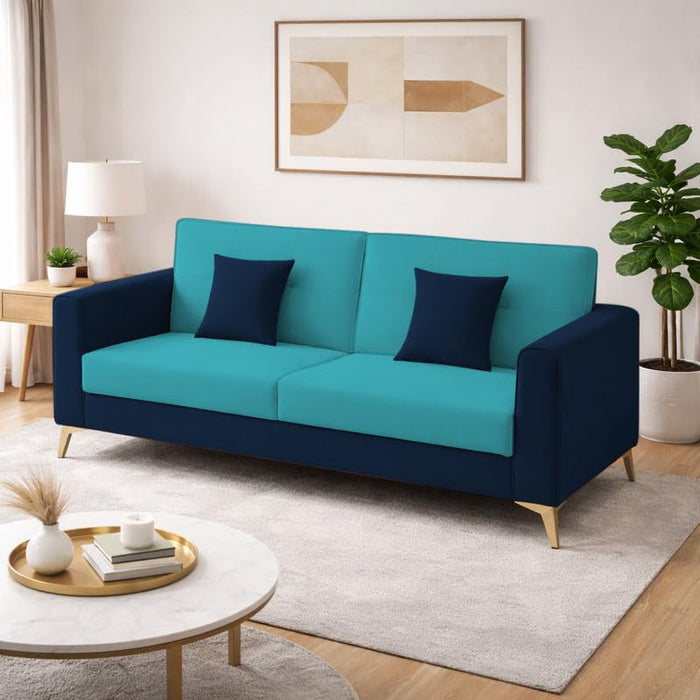 Adorn India Premium Harlem 3 Seater Sofa | Velvet Suede Upholstery | 3-Year Warranty | Dark Blue & Aqua Blue with Gold Legs & Cushion