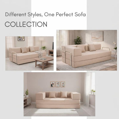 Adorn India Easy Premium Modular 4 Seater Sofa Cum Bed | Velvet Suede Fabric | Colour Beige | Modern Design | Size 6x6 Fit | Comfortable for Seat & Sleep | Washable Cover | Perfect for Home & Office