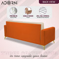 Adorn India Premium Harlem 3 Seater Sofa | Velvet Suede Upholstery | 3-Year Warranty | Beige & Orange with Gold Legs & Cushion