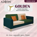 Adorn India Premium Harlem 3 Seater Sofa | Velvet Suede Upholstery | 3-Year Warranty | Ocean Blue, Dark Green & Beige with Gold Legs & Cushion