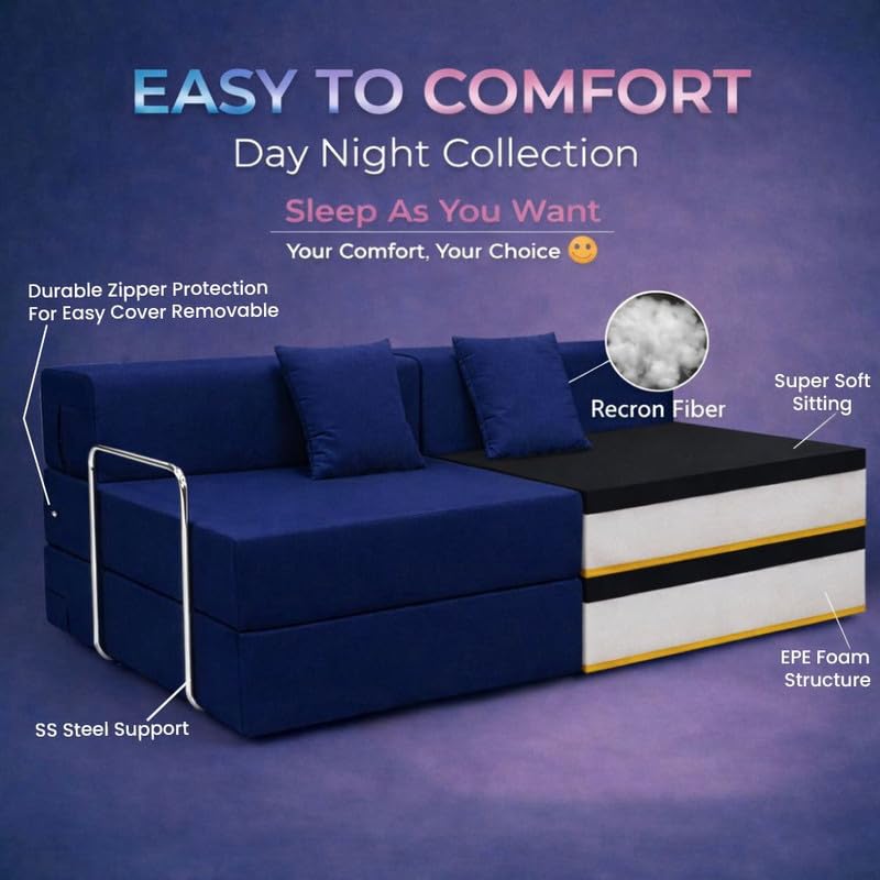 Adorn India Easy Premium Modular 4 Seater Sofa Cum Bed | Velvet Suede Fabric | Colour Blue | Modern Design | Size 6x6 Fit | Comfortable for Seat & Sleep | Washable Cover | Perfect for Home & Office