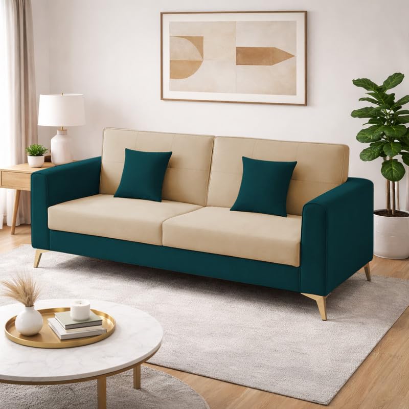 Adorn India Premium Harlem 3 Seater Sofa | Velvet Suede Upholstery | 3-Year Warranty | Ocean Blue & Beige with Gold Legs & Cushion