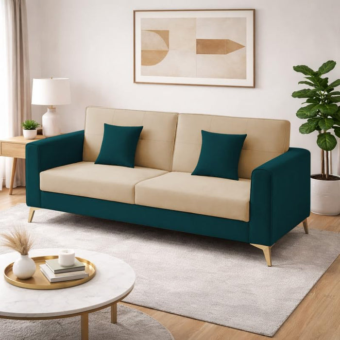 Adorn India Premium Harlem 3 Seater Sofa | Velvet Suede Upholstery | 3-Year Warranty | Ocean Blue & Beige with Gold Legs & Cushion