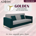 Adorn India Premium Harlem 3 Seater Sofa | Velvet Suede Upholstery | 3-Year Warranty | Ocean Blue & Grey with Gold Legs & Cushion