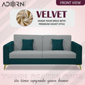 Adorn India Premium Harlem 3 Seater Sofa | Velvet Suede Upholstery | 3-Year Warranty | Ocean Blue & Grey with Gold Legs & Cushion