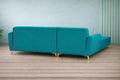 Adorn India Premium Luster 8 Seater L Shape Sofa Set with 2 Puffy & 1 Center Table | Velvet Suede Fabric | 3-Year Warranty | LHS | Aqua Blue with Golden Legs & Striped Pattern Cushion