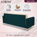 Adorn India Premium Harlem 3 Seater Sofa | Velvet Suede Upholstery | 3-Year Warranty | Ocean Blue & Beige with Gold Legs & Cushion
