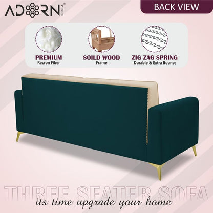 Adorn India Premium Harlem 3 Seater Sofa | Velvet Suede Upholstery | 3-Year Warranty | Ocean Blue & Beige with Gold Legs & Cushion