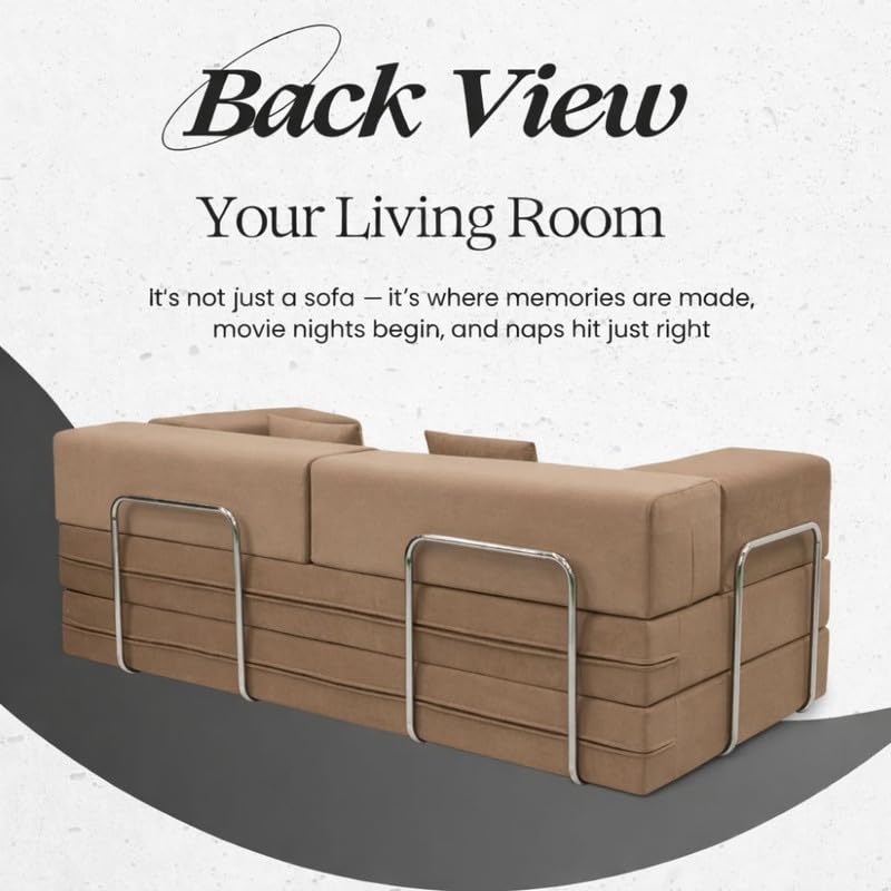Adorn India Easy Premium Modular 4 Seater Sofa Cum Bed | Velvet Suede Fabric | Colour Camel | Modern Design | Size 6x6 Fit | Comfortable for Seat & Sleep | Washable Cover | Perfect for Home & Office