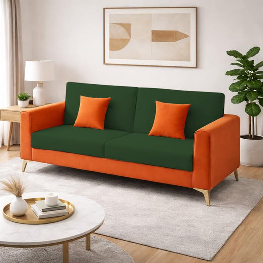 Adorn India Premium Harlem 3 Seater Sofa | Velvet Suede Upholstery | 3-Year Warranty | Orange & Dark Green with Gold Legs & Cushion