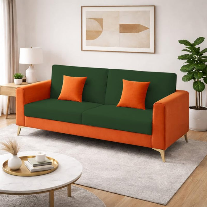 Adorn India Premium Harlem 3 Seater Sofa | Velvet Suede Upholstery | 3-Year Warranty | Orange & Dark Green with Gold Legs & Cushion