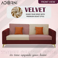 Adorn India Premium Harlem 3 Seater Sofa | Velvet Suede Upholstery | 3-Year Warranty | Maroon, Pink & Beige with Gold Legs & Cushion