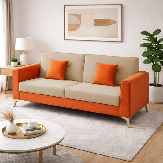 Adorn India Premium Harlem 3 Seater Sofa | Velvet Suede Upholstery | 3-Year Warranty | Beige & Orange with Gold Legs & Cushion