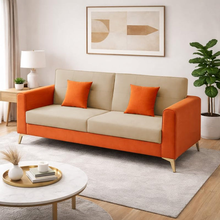 Adorn India Premium Harlem 3 Seater Sofa | Velvet Suede Upholstery | 3-Year Warranty | Beige & Orange with Gold Legs & Cushion