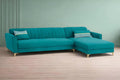 Adorn India Premium Luster 6 Seater L Shape Sofa Set | Velvet Suede Fabric | 3-Year Warranty | RHS |Color Aqua Blue with Golden Legs & Striped Pattern Cushion