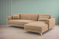 Adorn India Premium Luster 6 Seater L Shape Sofa Set | Velvet Suede Fabric | 3-Year Warranty | RHS |Color Camel with Golden Legs & Striped Pattern Cushion
