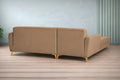 Adorn India Premium Luster 6 Seater L Shape Sofa Set | Velvet Suede Fabric | 3-Year Warranty | LHS |Color Camel with Golden Legs & Striped Pattern Cushion