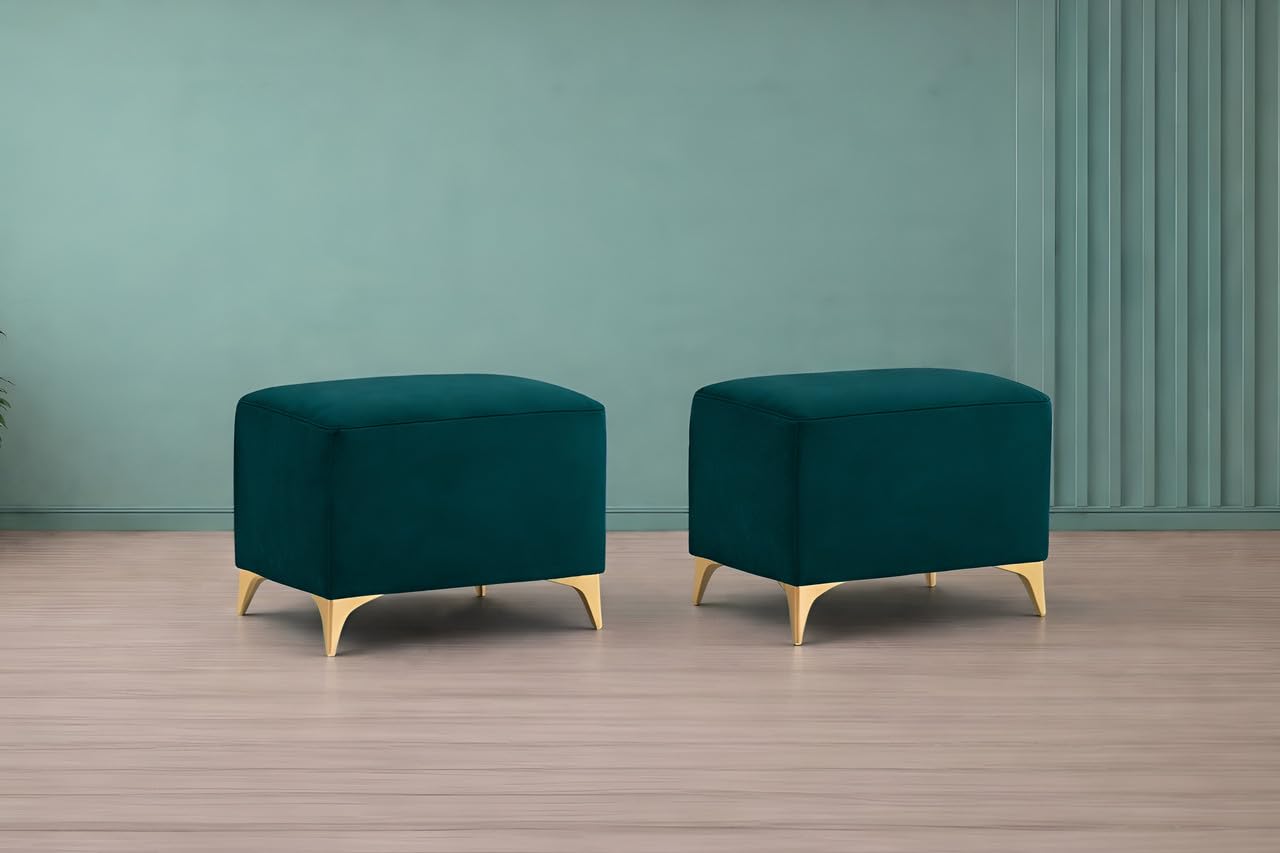 Adorn India Premium Luster 8 Seater L Shape Sofa Set with 2 Puffy & 1 Center Table | Velvet Suede Fabric | 3-Year Warranty | LHS | Ocean Blue with Golden Legs & Striped Pattern Cushion