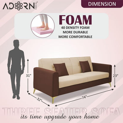 Adorn India Premium Harlem 3 Seater Sofa | Velvet Suede Upholstery | 3-Year Warranty | Brown & Beige with Gold Legs & Cushion